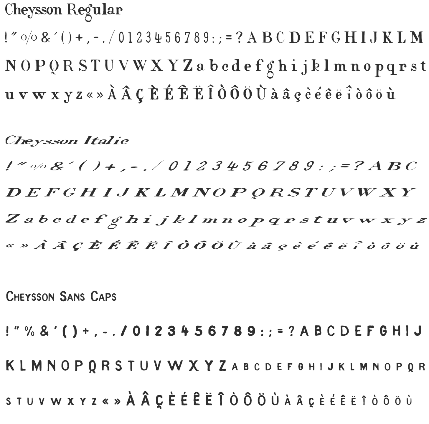 Sample lettering in the three Cheysson font families: regular, italic, sans capitals